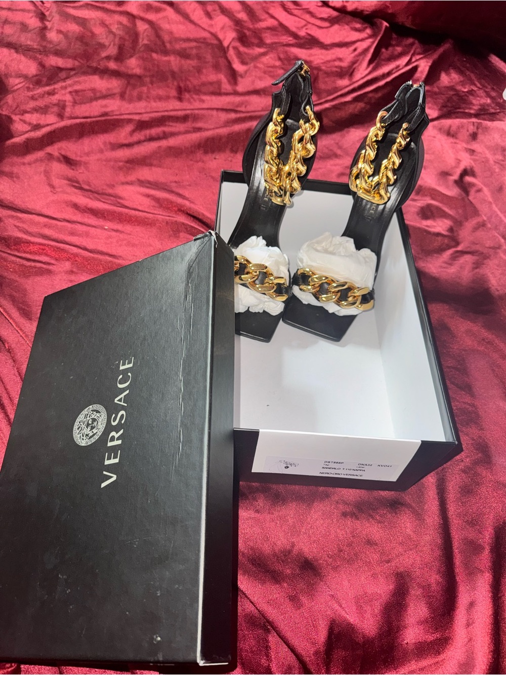 Versace Black Leather High-Heel Sandals with Gold Chain Trim